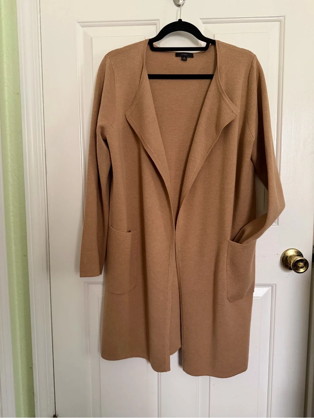 J.Crew Open Front Long Cotton Merino Wool Blend Cardigan in Camel